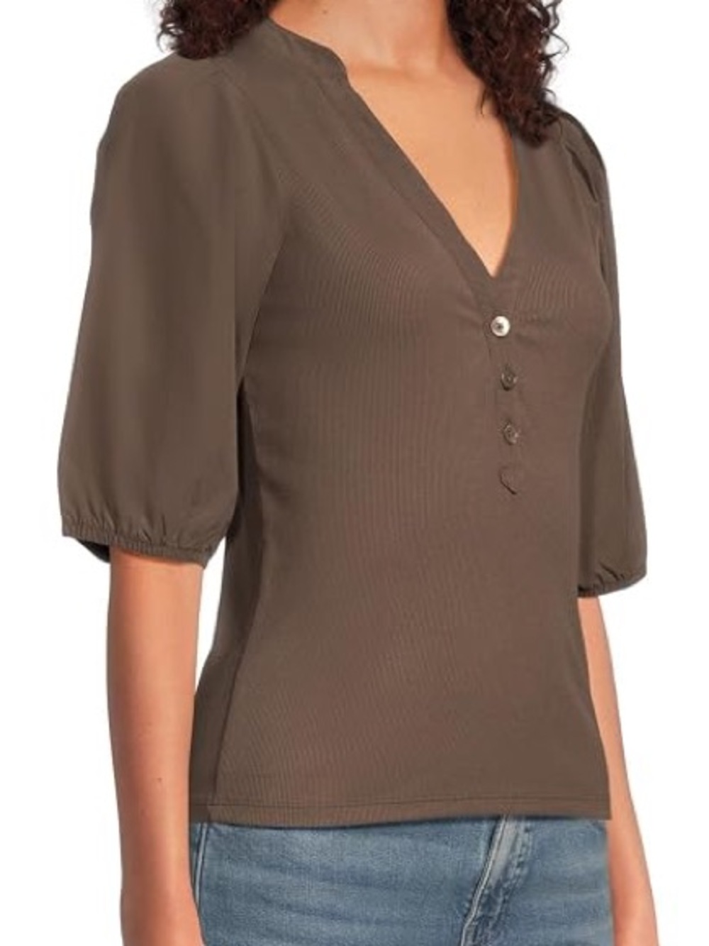 🤎 Madewell Mixed Media Puff Sleeve Henley Top Brown Size Medium